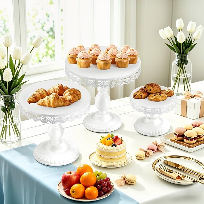 3 PCS White Cake Stands (8"&10"&12" Plate), Cupcake Stand with a lace Hollow Border Metal Cake Stand Set for Birthday Party, Wedding, Anniversary, Baby Shower
