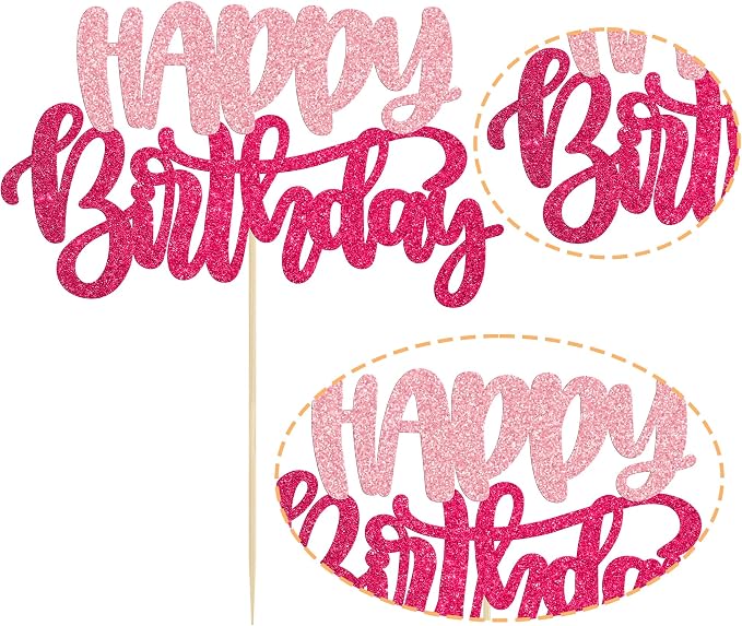 Gyufise 1Pcs Happy Birthday Cake Topper Glitter Happy Birthday Cake Pick for Celebrating Wedding Anniversary Theme Party Cake Decorations Supplies Pink Rose Red