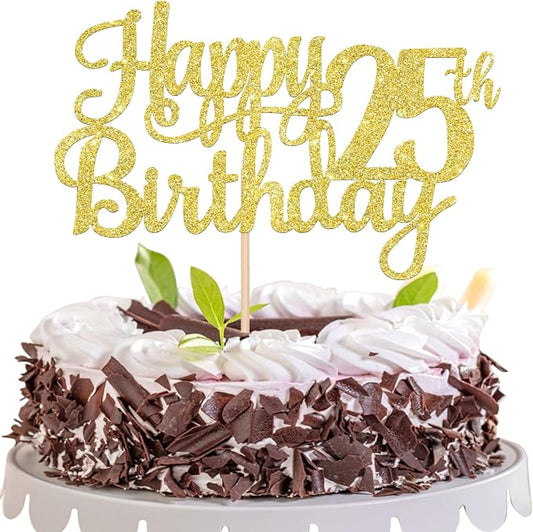 1 PCS Happy 25th Birthday Cake Topper Gold Glitter Cheers to 25 Years Birthday Cake Pick 25 Fabulous Cake Decoration for Happy 25th Birthday Theme Party Decorations Supplies