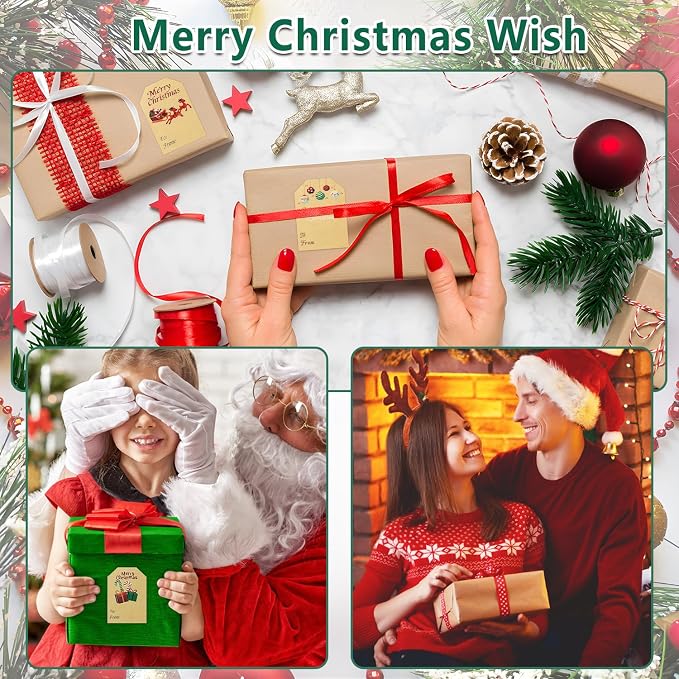 Yoget 250 PCS Chirstmas Gift Tags, Xmas Kraft Gift Tags Stickers Name Labels, Christmas Decorations (50x70mm, 6 Designs)