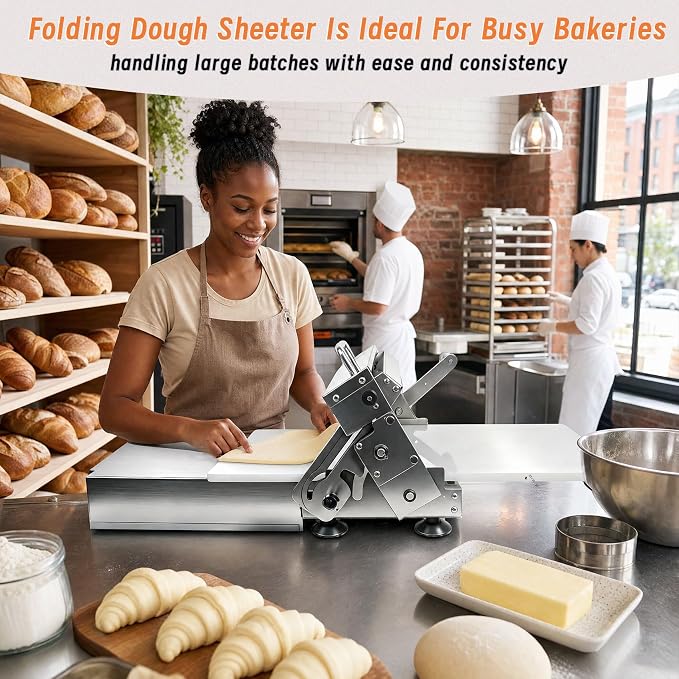 12In Folding Dough Sheeter, 304 Stainless Dough Roller Machine, 0.2–27mm Adjustable Thickness Pastry Laminator for Home & Small Bakery, Perfect for Pizza,Croissants,Dumpling Wrappers&Puff Pastry