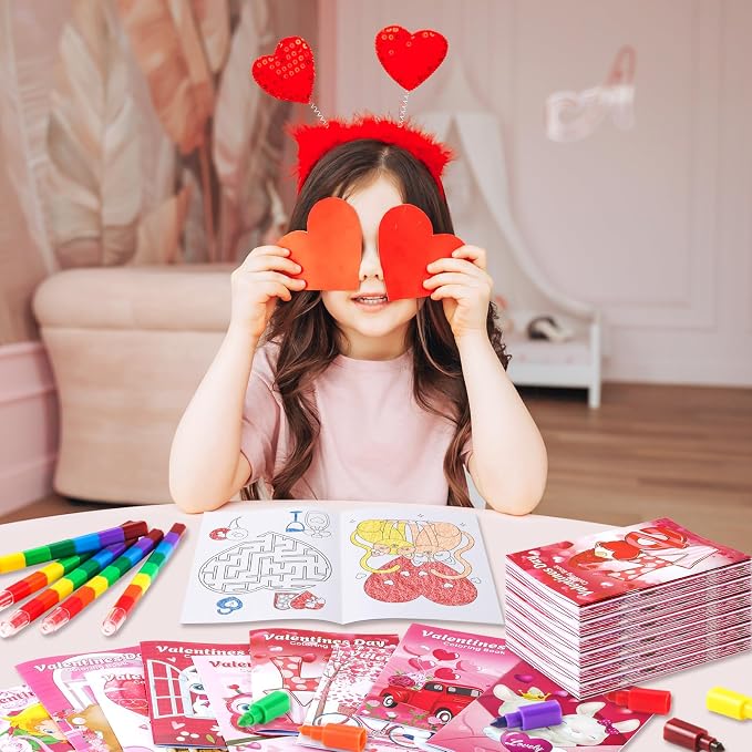 BenLouis 12 Valentines Day Mini Coloring Books Kids with 12 Stacking Crayons Valentine's Day Party Favors Small Activity Books Bulk for Kids Valentine's Classroom Party Gift Goodie Bag Stuffers