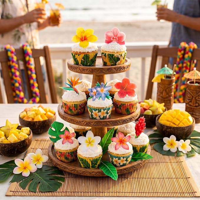 70pcs Edible Flowers Cake Decorations Tropical Hibiscus Flower & Leaf Wafer Paper Cake & Cupcake Toppers for Hawaiian Theme Birthday Party Decorating