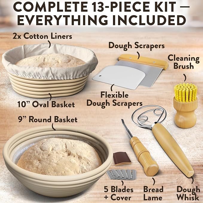 Complete Bread Proofing Baskets Set - Premium Quality Kit for Sourdough Bread Making - Includes 9" & 10" Banneton Basket w/All Needed Bread Baking Supplies - Perfect Tools for Baking Enthusiasts
