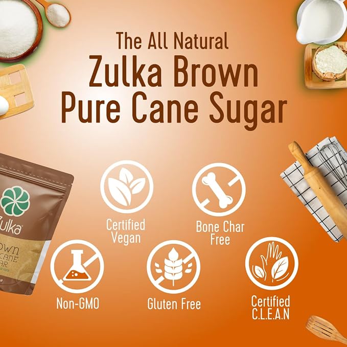 Zulka Brown Pure Cane Sugar, 1 Lb - All-Natural, Non-GMO, Certified Vegan, Bone-Char Free & Kosher Pareve