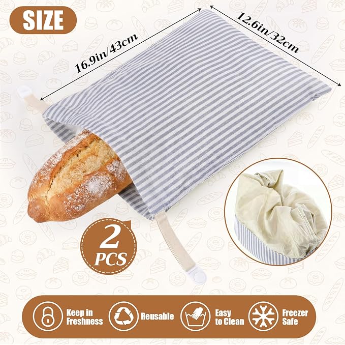 2 Pack Reusable Striped Bread Bags Set with Drawstring Cotton Linen Food Storage Bags for Homemade Bread & Sourdough 17"x 13" Lined Food Bag Cover Keep Loaves Fresh Longer(Blue Stripes)