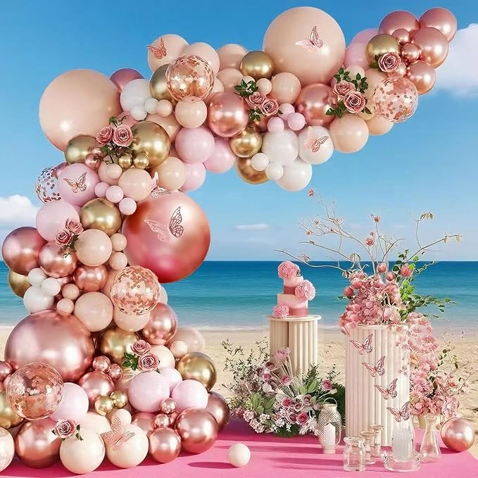 144Pcs Rose Gold Balloons Garland Arch Kit, Metallic Rose Gold Pearl White Confetti Balloons with 3D Butterfly Stickers for Birthday Wedding Baby Bridal Shower Party Engagement Decorations
