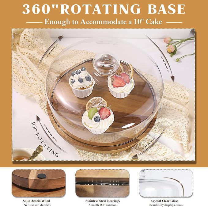 Glass Rotating Cake Stand with Lid - 12" Acacia Wood Cake Plate with Dome, Round Cake Holder with Cover for Wedding, Birthdays, Party Display, Charcuterie Tray, Spinning Cake Turntable, Glass Cake Dome