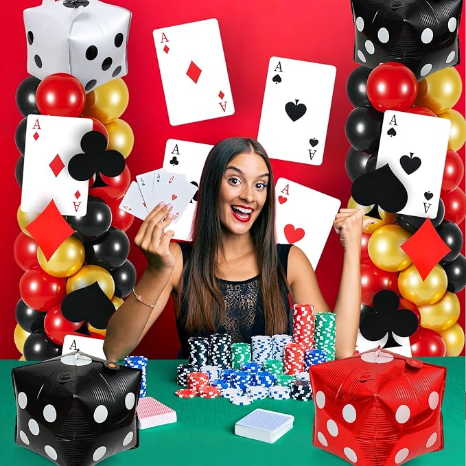 2 Sets Casino Theme Balloon Column Stand Kits Red Black Gold Balloons Column Kit with Dice Poker Tower Stand Kit 2 Sets Balloons Tower Sets for Las Vegas Game Night Themed Party Supplies