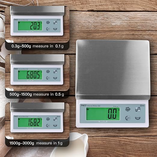 Polit Sun Lite IP65 Waterproof Baking Scale — 6.6lb/3kg Auto-Precision 0.1g/0.5g/1g Digital Kitchen Scale with Green LCD, Dual Power & Detachable Stainless Tray for Pastry, Seasoning & Daily Cooking