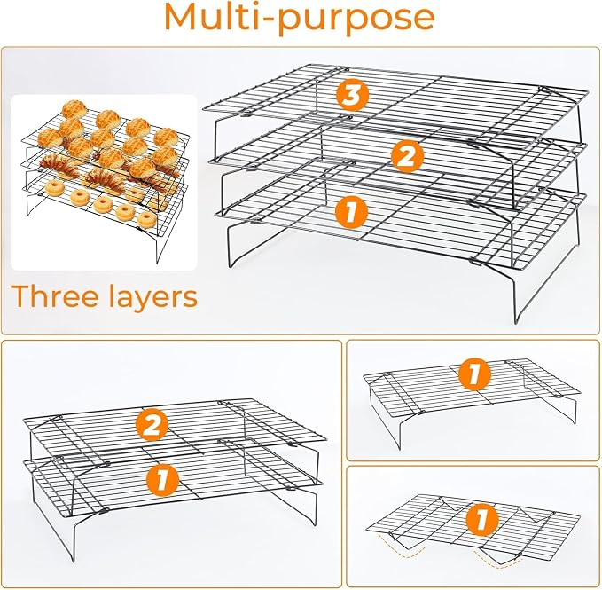 Detachable Collapsible Cooling Racks, Wire Cooling Rack Stackable Drying Rack for Bread Cookie Baking Candy Fruits (3-tier)