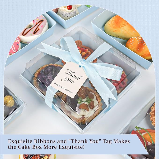 7 x 7 x 2.6 Inches Large Charcuterie Boxes with Clear Lids, 50 Pack Disposable Square Kraft Bakery Boxes, To Go Paper Food Container for Cake Slices, Sandwiches, Cookies, Dessert (Blue)