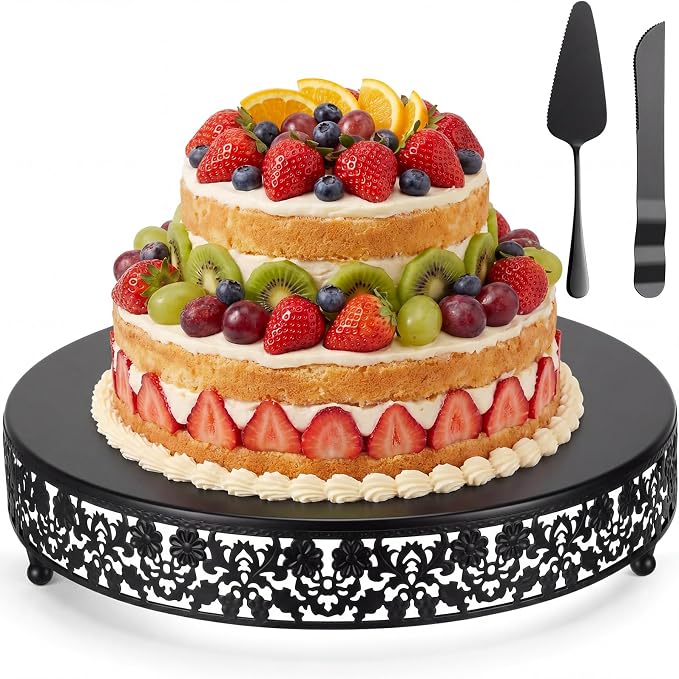 Wenqik 14 Inch Black Cake Stand Set Metal Round Cupcake Dessert Stand with Cake Cutting, Flower Spatula Wedding Cupcake Pastry Display Candy Holder Display for Wedding Party Birthday Baby Shower