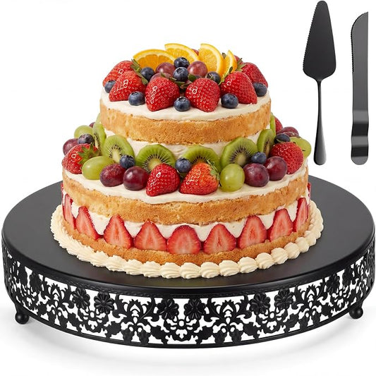 Wenqik 14 Inch Black Cake Stand Set Metal Round Cupcake Dessert Stand with Cake Cutting, Flower Spatula Wedding Cupcake Pastry Display Candy Holder Display for Wedding Party Birthday Baby Shower