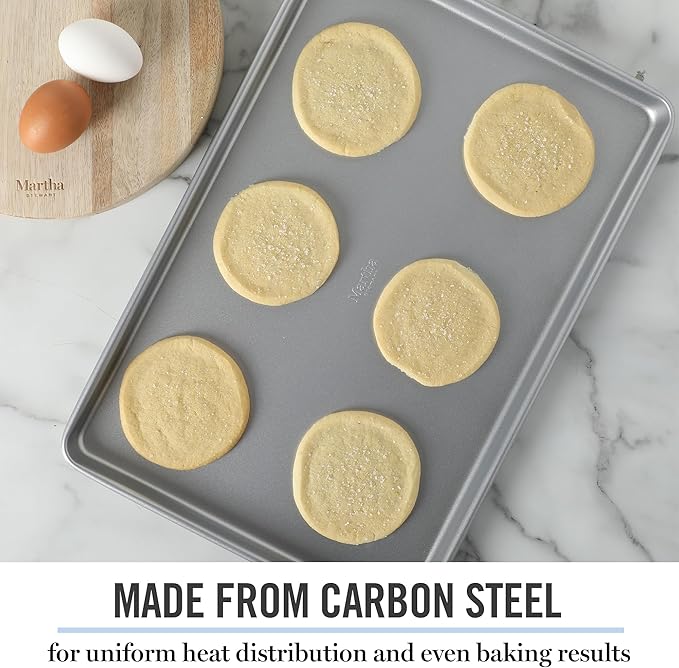 Martha Stewart Gallen 17 x 11 Inch Nonstick Carbon Steel Cookie Sheet - Silver Durable Baking Pan for Cookies, Brownies & Roasting