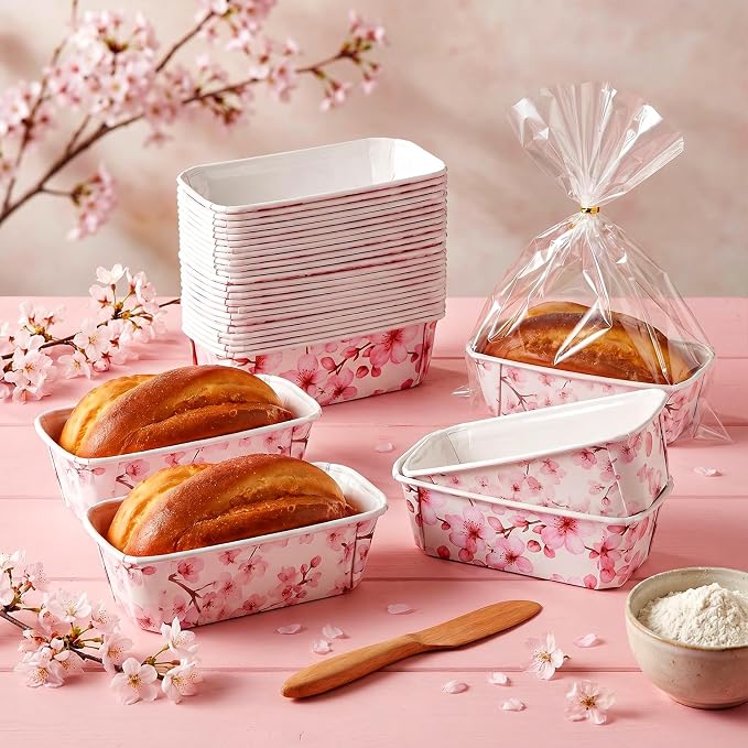 Hushee 50 Sets Pink Blossom Paper Loaf Pans with Bags, 6.3x2.2x2.2" Disposable Mini Bread Baking Molds, Floral Cake Liners for Baby Shower Wedding Birthday Spring Gifts