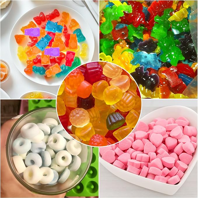 Palksky 5-Piece Silicone Candy Molds - Gummy Bear, Fruit, Dinosaur, Donut & Heart Shapes with 2 Droppers