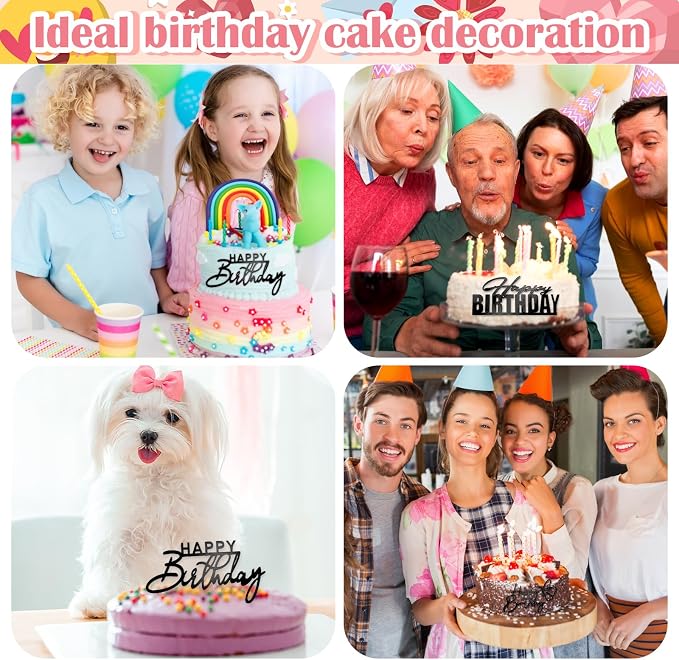 6Pcs Cake Toppers Happy Birthday Acrylic Cake Topper Happy Birthday Cake Sign Picks Happy Birthday Cake Decorations Cake Stick Decor for Celebrating Birthday Anniversary Party(Black)