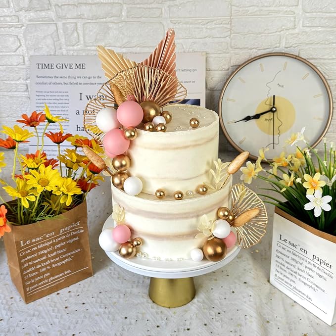 Boho Cake Topper Golden Ginkgo Leaves Cake Decorations with Paper fans White Gold Balls for Wedding Woman Birthday (Pink)