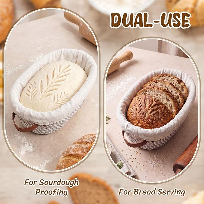 4 Pack Oval Banneton Bread Proofing Basket Set, 10'' Natural Cotton Rope Sourdough Proofing Basket with Liners & Handle Artisan Sourdough Bread Baking Supplies for Home Bakers(Neutral)