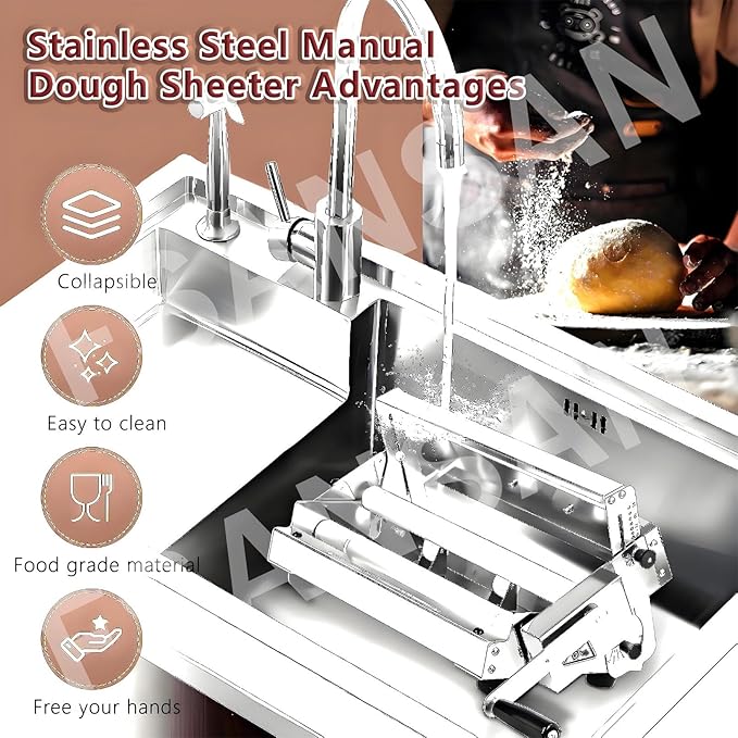 Commercial Dough Sheeter, Reversible Puff Pastry and Fondant Sheeter, Manual Sheeter, Adjustable Thickness from 0 to 25 mm, Foldable Sheeter for Bakeries and Pastries Model300