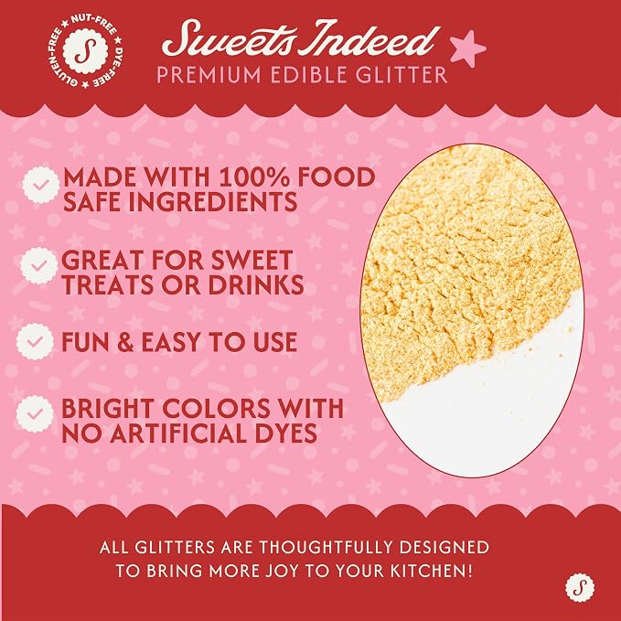 Sweets Indeed Edible Glitter – Food-Grade Drink & Baking Shimmer for Cocktails, Beverages, Cakes & Desserts – 4g Jar (Dye Free Gold)