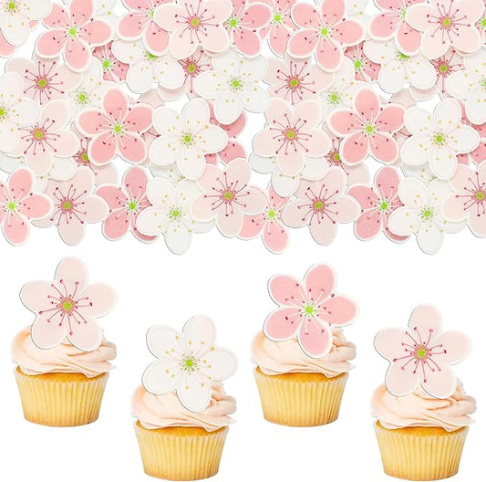 Gyufise 54Pcs Edible Flowers Cake Decorations Pink Edible Cherry Blossoms Cupcake Toppers Wafer Paper Flowers Cupcake Picks for Baby Shower Kids Birthday Party Food Decorations Supplies Multi