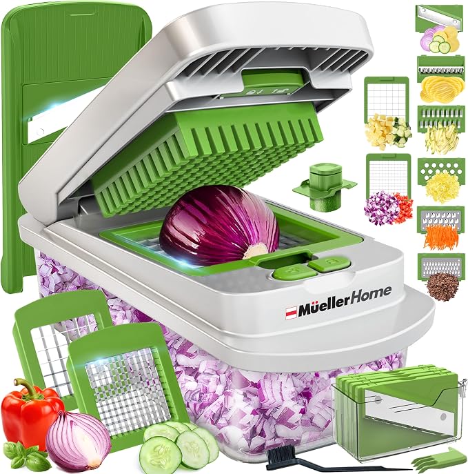 MUELLER HOME Pro-Series 10-in-1, 8 Blade Vegetable Chopper, Onion Mincer, Cutter, Dicer, Egg Slicer with Container, French Fry Cutter Potato Slicer, Home Essentials, Salad Chopper White Sand/Green