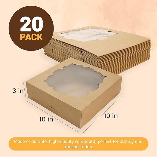 NPLUX 20 Pack Pie Boxes 10x10x3inch Bakery Boxes with Window Dessert Pastry Boxes Pie Boxes 10 inch for Pies Cheesecake and Chocolate Covered Strawberries, Graduation Gifts Party Favors(Brown)