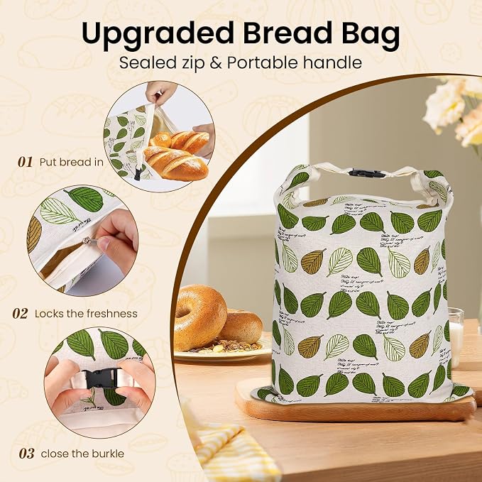 Beeswax Bread Bags for Homemade Sourdough – XL 2 Pack Organic Linen Cotton Reusable Bread Storage Bags with Airtight Zipper Lock, Keep Crusty Artisan Bread Fresh 48+ Hours,Zero Waste Kitchen Essential
