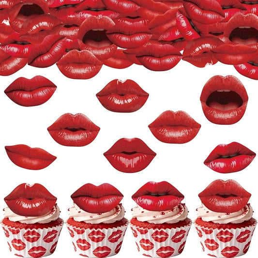 54PCS Edible Red Lips Cupcake Toppers Wafer Paper Kiss Lips Cupcake Picks Happy Valentine's Day Cake Decor for Valentine's Day Theme Party Birthday Decoration Supplies