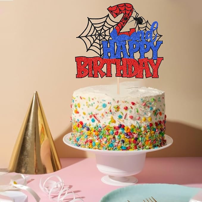 1 PCS Happy 2nd Birthday Cake Topper Glitter Spider Web Cheers to 2 Years Two Birthday Cake Pick Superhero Spider Party Cake Decorations for Kids Boys Girls Happy Second Birthday Party Supplies