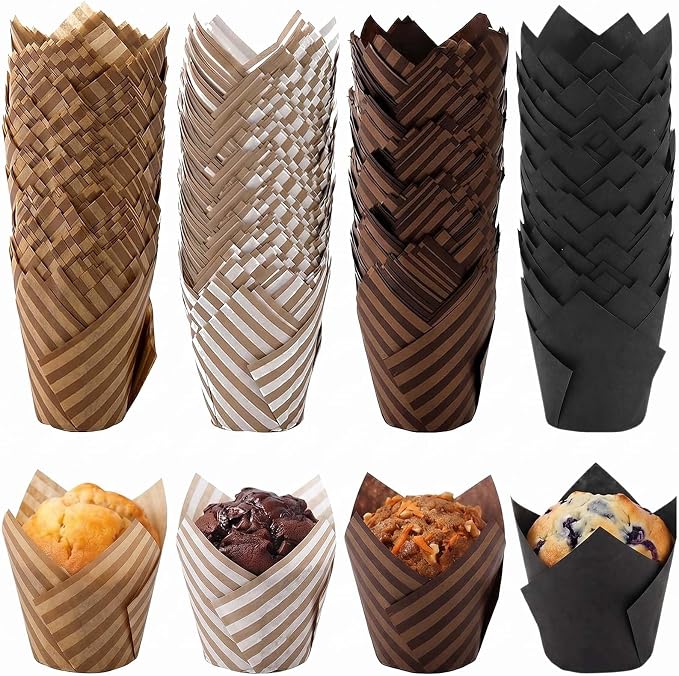 200 Pcs Stripe Tulip Cupcake Liners for Baking, Assorted Colors | Standard Greaseproof Tulip Muffin Liners for Baking, 3oz Paper Cupcake Wrappers for Party Wedding Birthday