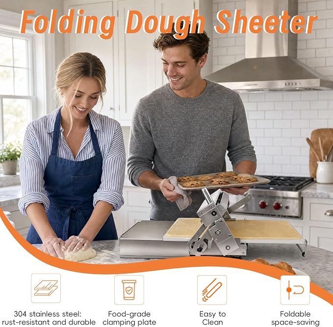 12In Folding Dough Sheeter, 304 Stainless Dough Roller Machine, 0.2–27mm Adjustable Thickness Pastry Laminator for Home & Small Bakery, Perfect for Pizza,Croissants,Dumpling Wrappers&Puff Pastry