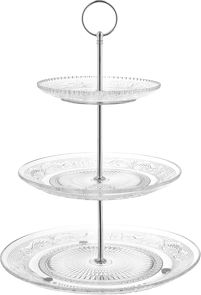 Royalty Art 3-Tiered Serving Stand (Glass) Beautiful, Elegant Dishware Serve Snacks, Appetizers, Cakes, Candies Durable, Reusable Party or Holiday Hosting (Silver) (1) (1)
