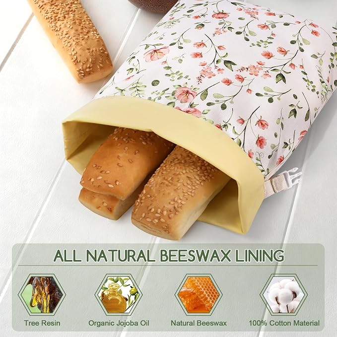 Beeswax Bread Bags for Sourdough, 2 Pack Reusable Bread Bag for Storage XL 17x13 Inch, Large Canvas Lined Bags for Homemade Sourdough - Keep Fresh, Freezer Safe