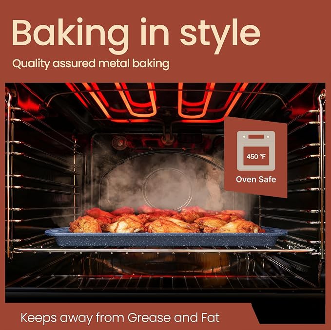 Cookie Sheet with Wire Rack Set, 2-Piece Nonstick Blue Marble Carbon Steel Pan & Cooling Rack, Space-Saving Stackable Set, PFOA, PFOS, PTFE Free, Oven Safe Up to 450°F, 17.4" Pan & 14.7" Rack