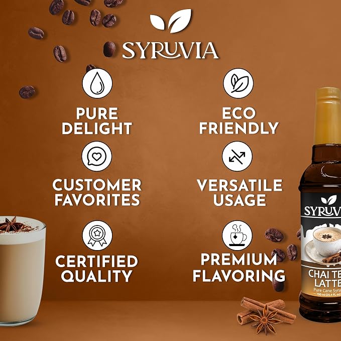 Syruvia Chai Tea Latte Syrup, Flavored Syrup for Lattes, Drinks, Cappuccinos, Iced Coffees, Espresso Drinks – 25.4 fl oz - with Pump
