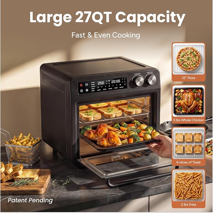 SMIRLY Digital Air Fryer Toaster Oven Combo, 25L Convection Countertop Oven, 10-in-1 Multi-Function Fits 12" Pizza & 6 Slices of Toast, Stainless Steel, Black