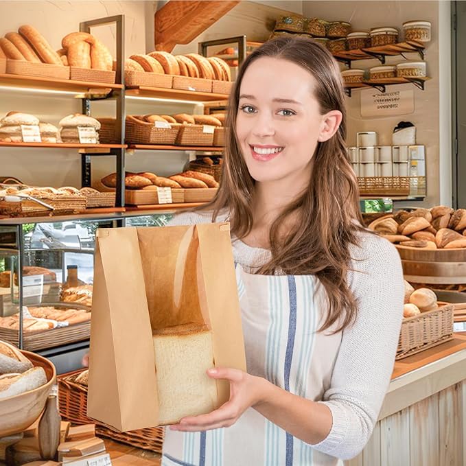 Ocmoiy 50Pcs Tin Tie Tab Lock Large Paper Bread Bags for Homemade Sourdough Bread Bags 13.7x8.2x3.5 Inch Resealable Bakery Bags with Window Thank You Stickers