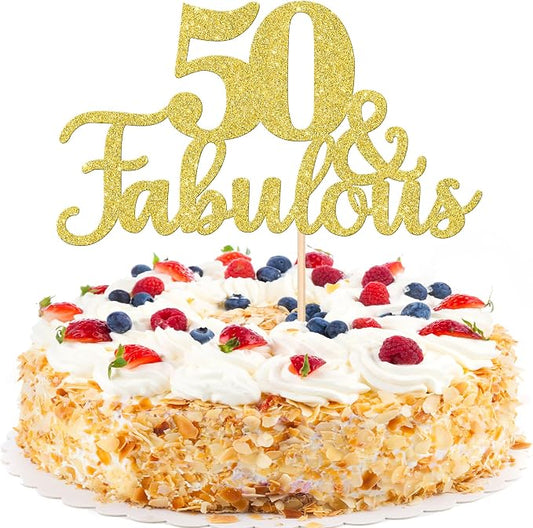 1 PCS Fabulous Cake Topper Gold Glitter 50th Anniversary Cake Pick Decoration for Wedding Anniversary Party Decorations Happy 50th Birthday Cake Decorations Supplies