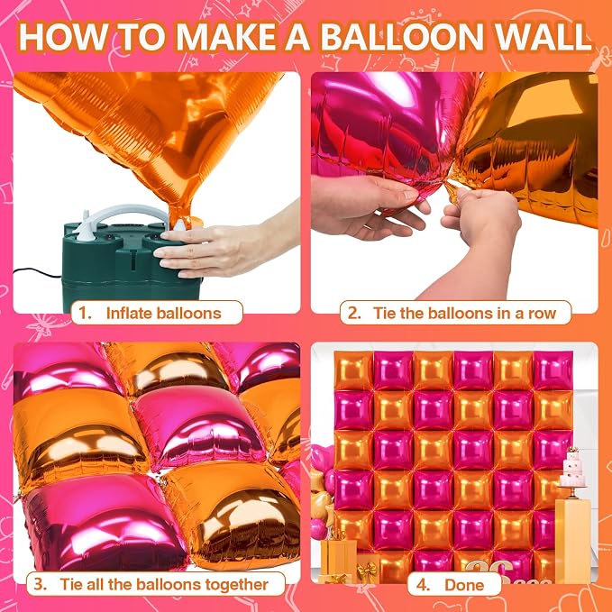 NISOCY 36PCS Rose Red and Orange Square Foil Balloons Wall Backdrop Double Sided Rose Red Orange Balloon Arch Kit for Birthday Baby Shower Valentine's Day Wedding Tropical Party Decorations