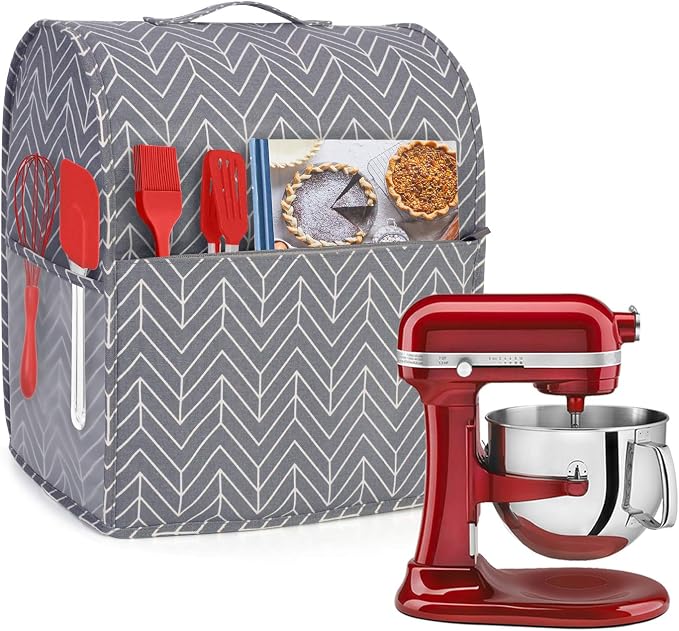YARWO Stand Mixer Dust Cover Compatible with KitchenAid Mixer 6-8 Quart | Top Handle, Side Pockets for Kitchen Accessories, Dust-proof Protective Cover for Bowl-Lift 5.5/6/7 Quart, Washable, Chevron
