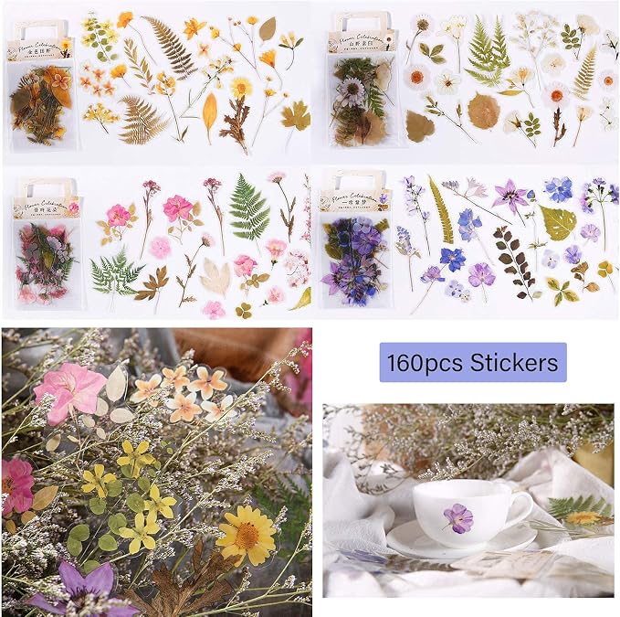 160pcs Pre-Cut Scrapbooks Natural Stickers, Floral and Plant Sticker for DIY Craft, Planners, Journal, Notebook, Laptop, Cell Phone, Calendars, Wedding Scrapbooking, PET Material, Colorful