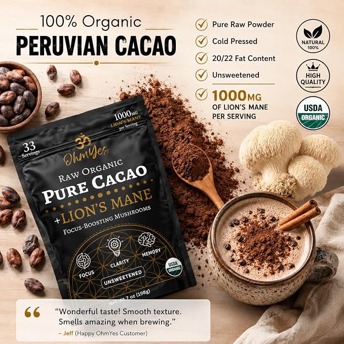 OhmYes Lion's Mane Mushroom Cacao | Premium Pure Raw Organic Cacao Powder | Natural Chocolate Powder Drink Mix | Sugar-Free Flavanol Rich Superfood | Unsweetened | 33 Servings