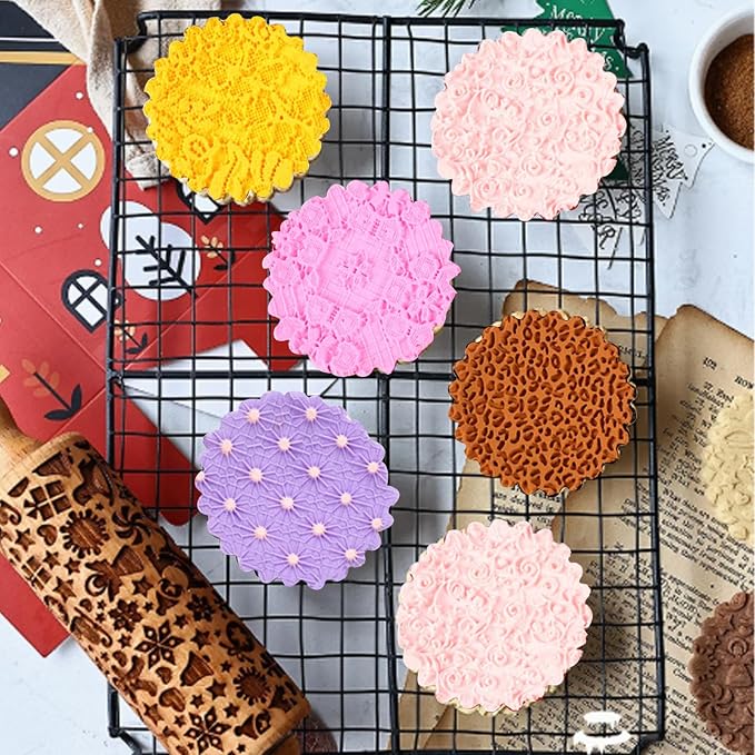 Silicone Texture Mats for Cake Decorating, Fondant Impression Mat, Cake Silicone Embossing Molds, Purple Lace Pattern for Cupcake Topper Clay Texture Stamp Birthday Set of 5