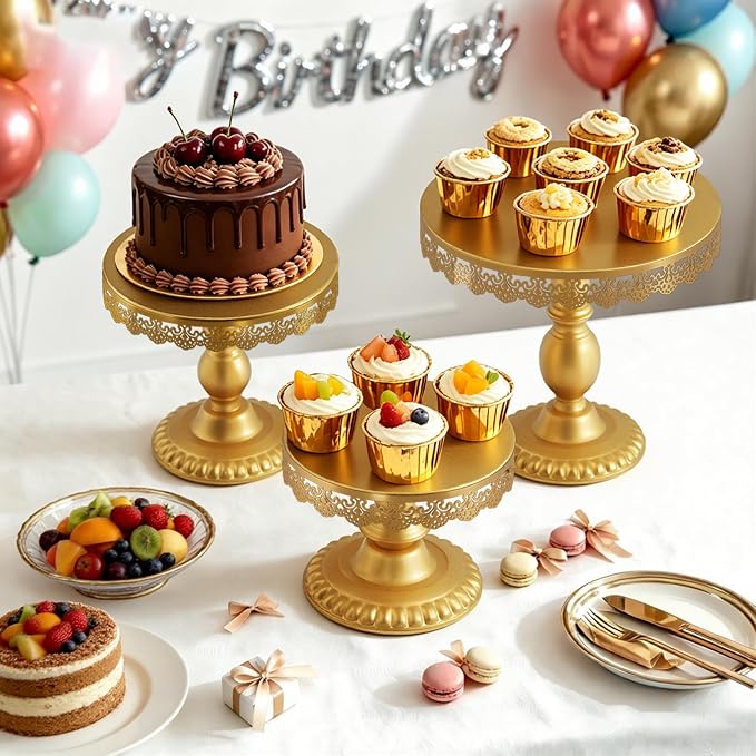 3 PCS Gold Cake Stands (8"&10"&12" Plate), Cupcake Stand With a lace hollow border Metal Cake Stand Set for Birthday Party, Wedding, Anniversary, Baby Shower