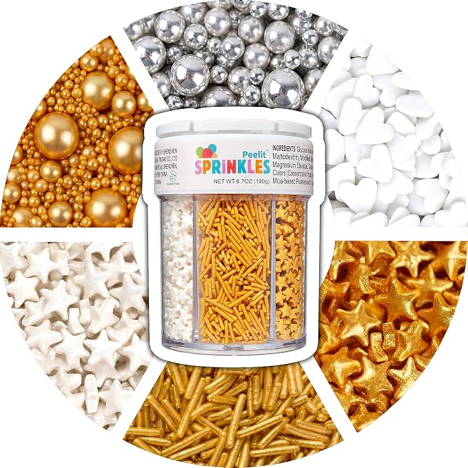Peelit Gold & Silver Sprinkles Mix (6.7oz) – Edible Metallic Pearls, Stars & Hearts for Cake Decorating – Satisfying Crunch 6-in-1 Jar for Baking, Cookies, Cupcakes – Premium Edible Cake Toppers
