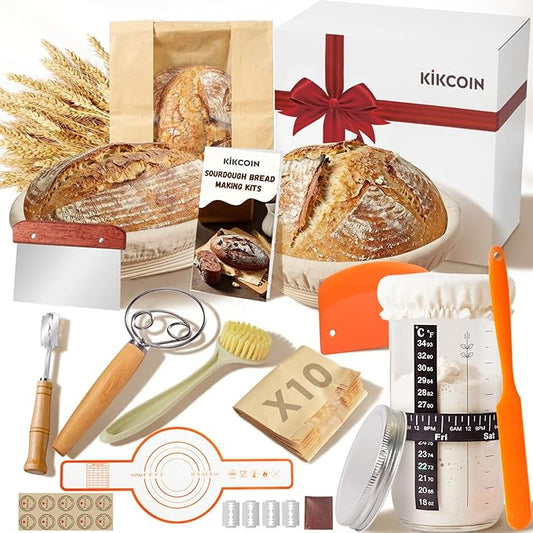 Kikcoin 13 PCS Sourdough Starter Kit with Round & Oval Banneton, Sourdough Bread Baking Supplies with Handmade Baskets, Bread Proofing Basket with Starter Jar, Bread Making Tools Kit for Beginners