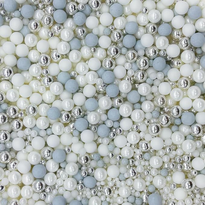 Dynastang Mixed Size Light Grey & Silver & White Pearls Sprinkles Edible Pearls Cake Decorations Cupcake Toppers Decorating Perfect for Cakes, Cupcakes, Desserts 3OZ